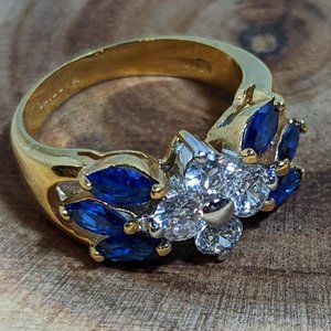 14K Gold Ring - Size 9 with CZ and blue stones